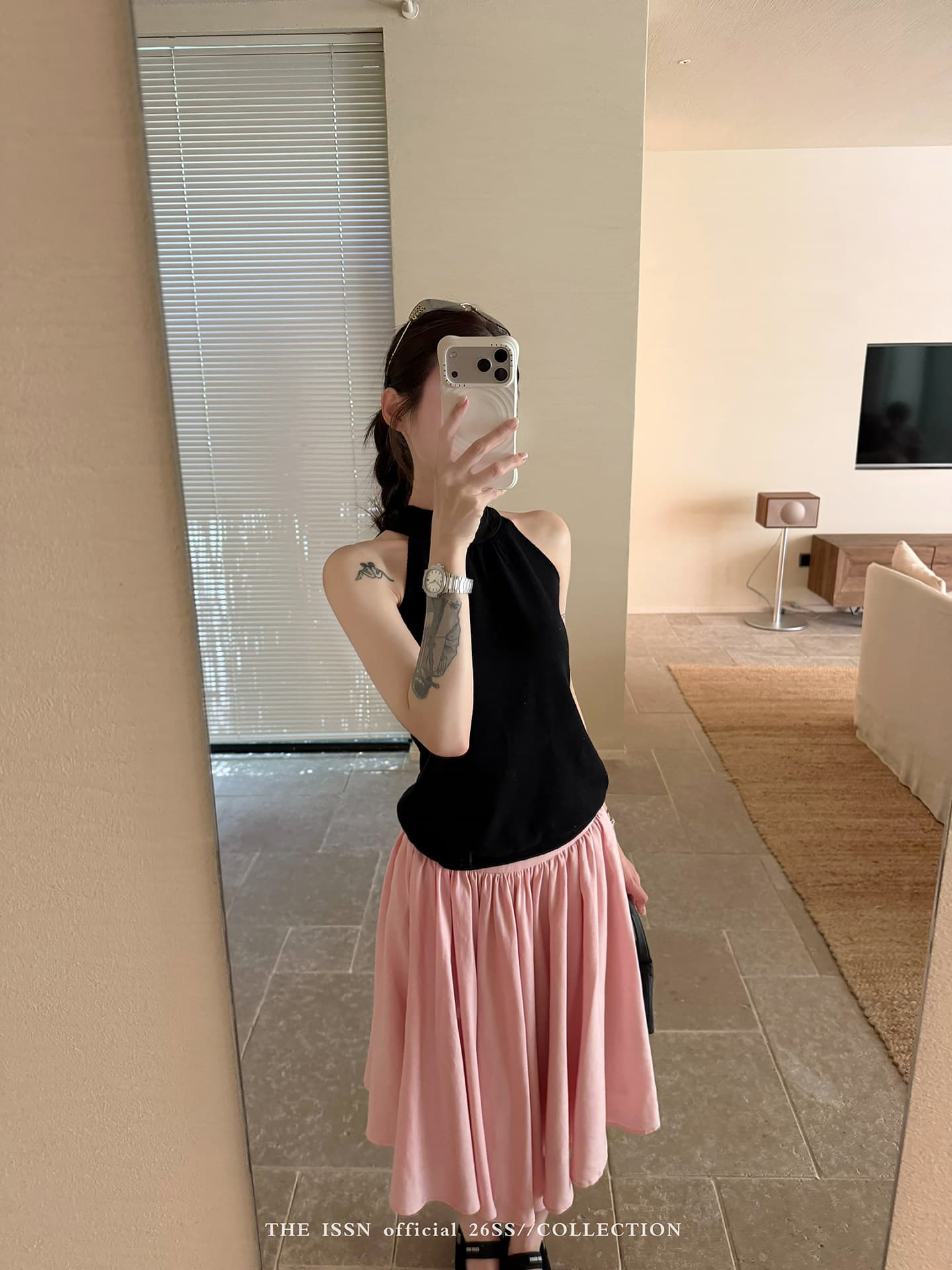 리본 스탠드 칼라 패치워크 행침 목 민소매 조끼 여성 여름 캐주얼 바람 몸매 가꾸기 슬림해 보이는 오프숄더 맨위 상세 이미지 17