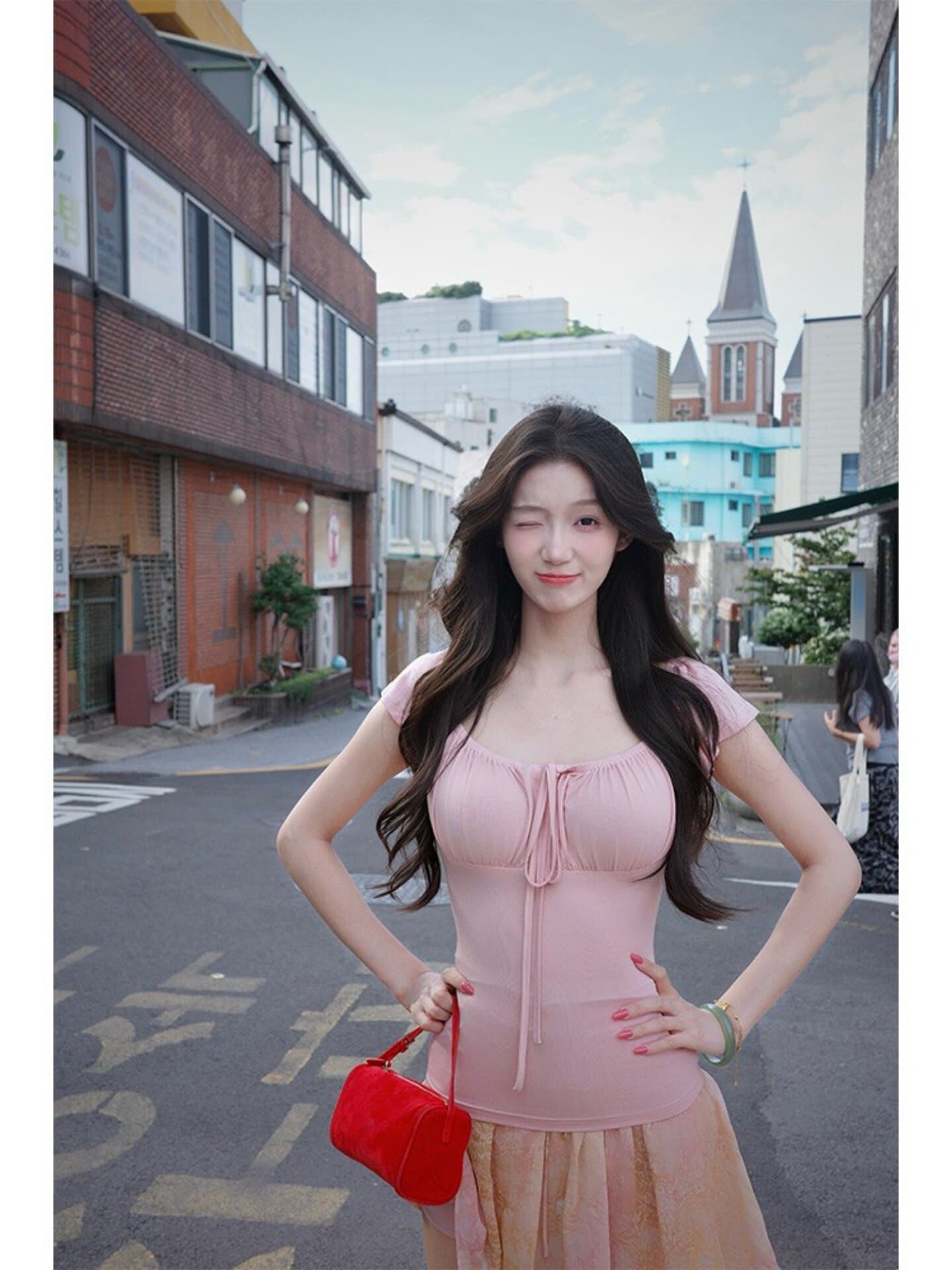 한 부서 새로운 달콤함 소녀 바람 광장 칼라 레이스업 조끼 여성 여름 몸매 가꾸기 소프트 캔디 착용 가져 가라. 기타 색온도 부드러운 바람 맨위 이미지 4