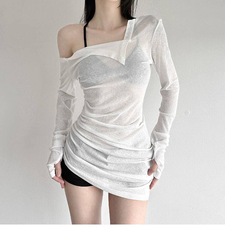 비스듬한 어깨 오프숄더 맨위 여름 얇은 스타일 허리 수축 슬림해 보이는 긴팔 티셔츠 여성 핫걸 마이크로 ~을 통해 자외선 차단 블라우스 상세 이미지 2