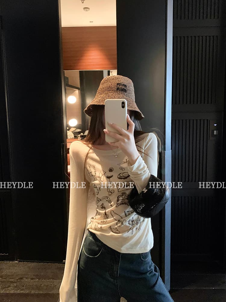 프린트 얇은 스타일 티셔츠 여성 라운드 넥 긍정적 인 어깨 긴팔 자외선 차단 맨위 상세 이미지 4