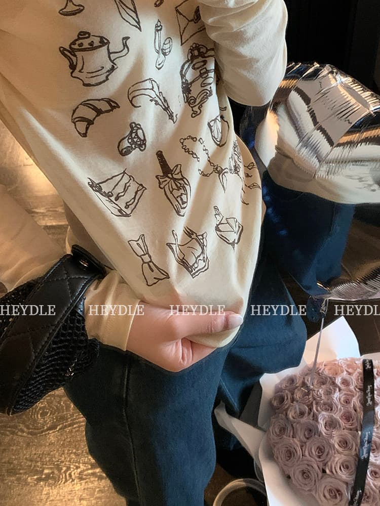 프린트 얇은 스타일 티셔츠 여성 라운드 넥 긍정적 인 어깨 긴팔 자외선 차단 맨위 상세 이미지 16