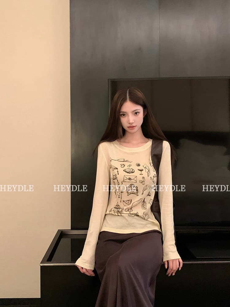 프린트 얇은 스타일 티셔츠 여성 라운드 넥 긍정적 인 어깨 긴팔 자외선 차단 맨위 상세 이미지 26