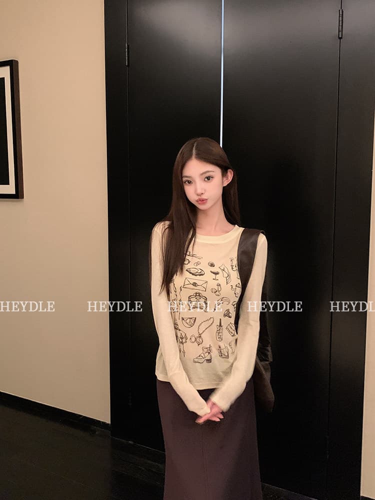 프린트 얇은 스타일 티셔츠 여성 라운드 넥 긍정적 인 어깨 긴팔 자외선 차단 맨위 상세 이미지 32