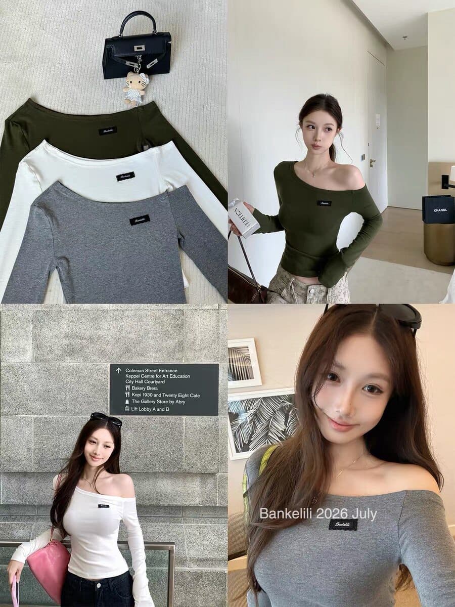 아름다움 어깨 재능 몸매 가꾸기 슬림해 보이는 비스듬한 어깨 막대기 표준 알파벳 긴팔 티셔츠 이른 가을