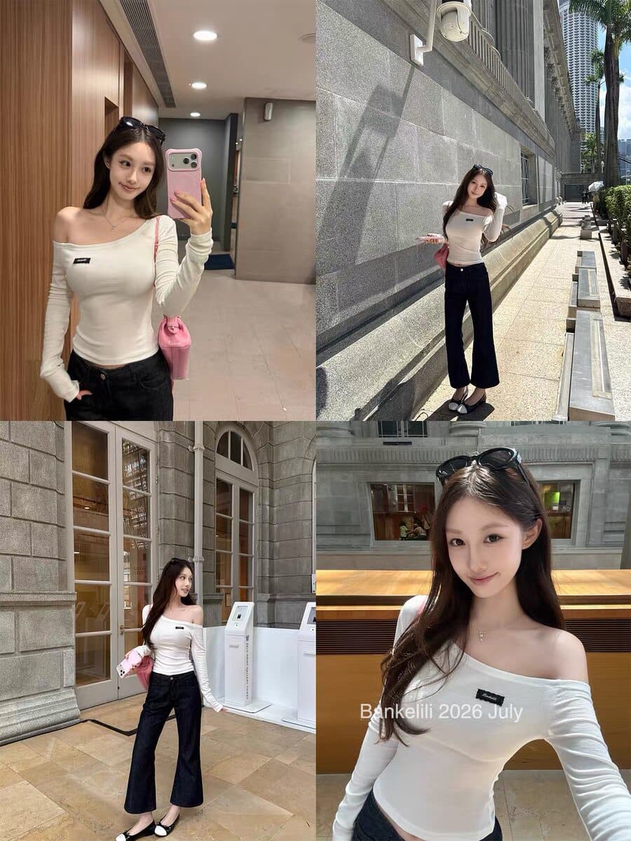 아름다움 어깨 재능 몸매 가꾸기 슬림해 보이는 비스듬한 어깨 막대기 표준 알파벳 긴팔 티셔츠 이른 가을 이미지 3
