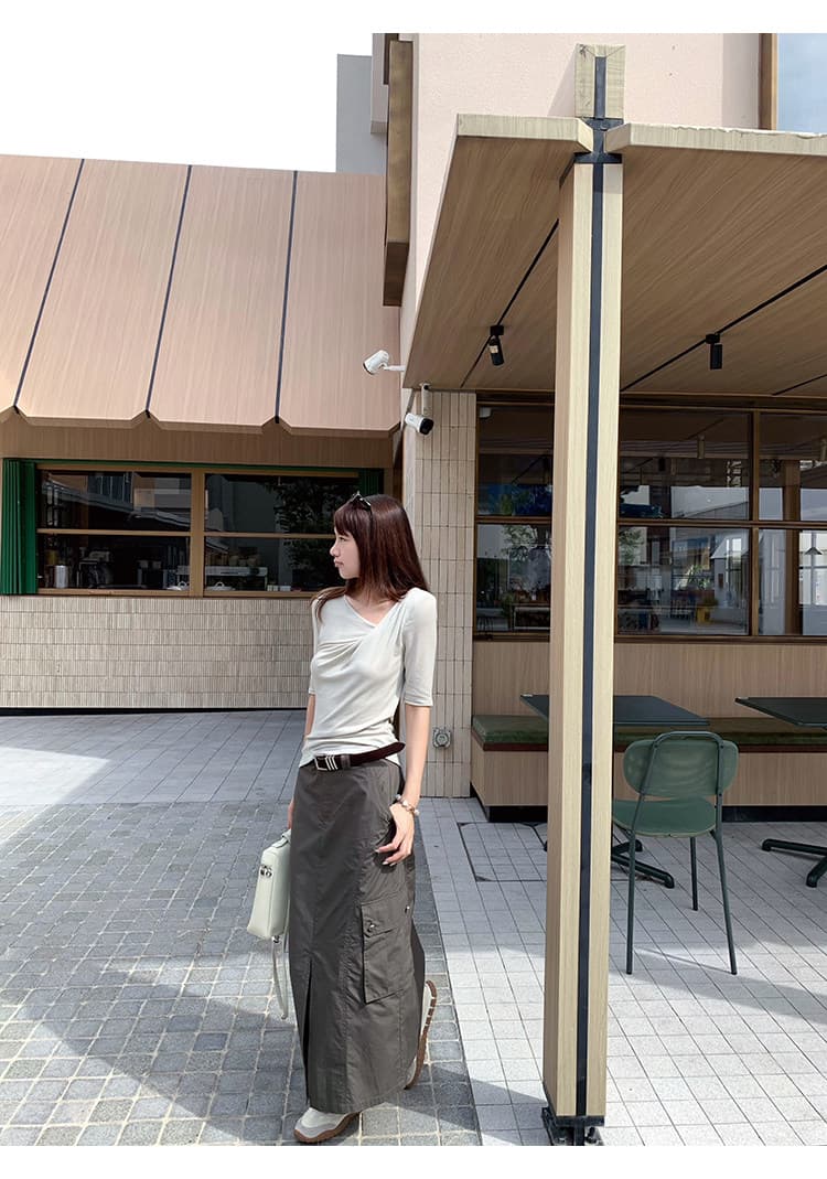 중간 소매 티셔츠 프랑스식 레트로 디자인 센스 단색 핀치 Pleat 몸매 가꾸기 불규칙 칼라 반팔 맨위 여성 상세 이미지 38