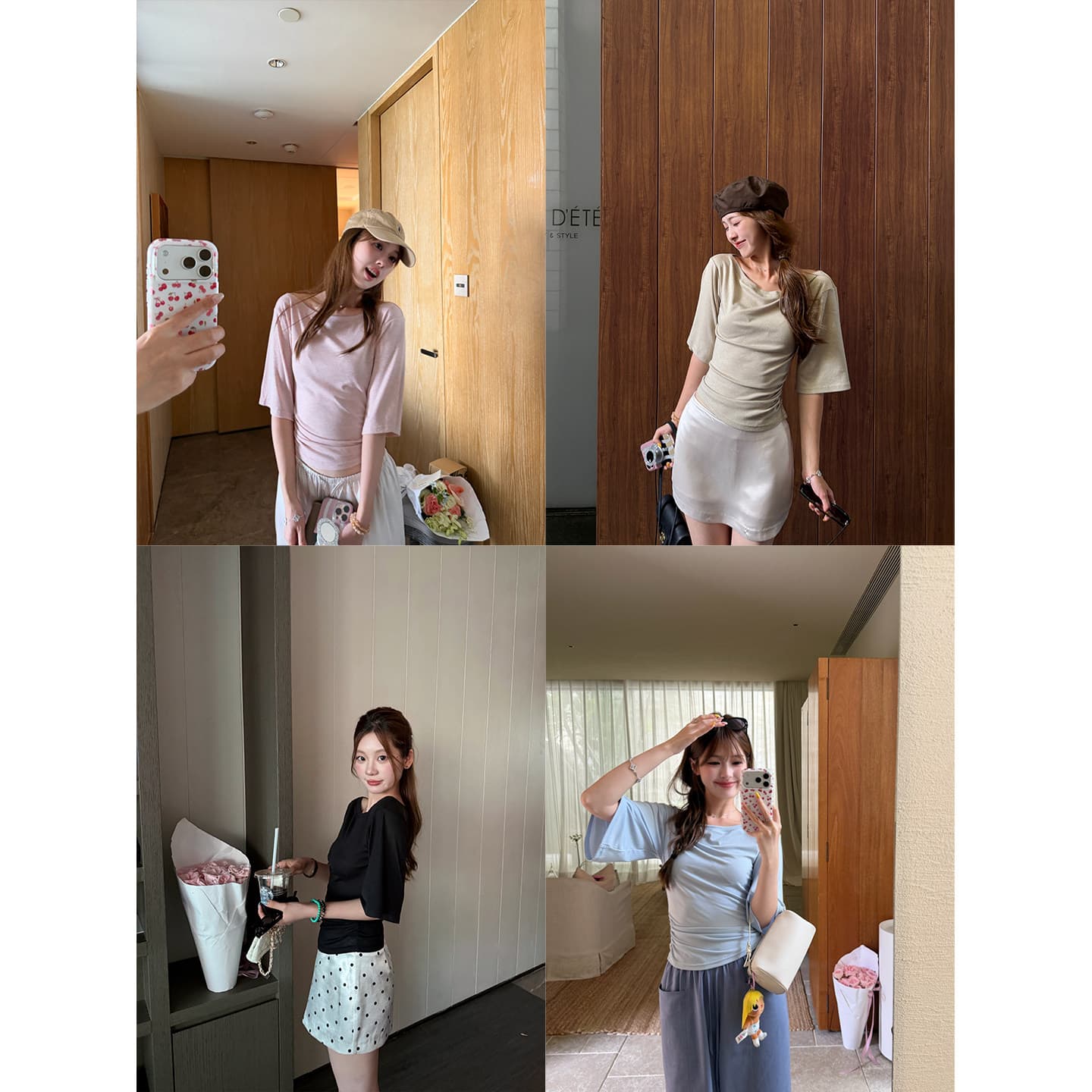 다용도 느슨함 둘 착용 보트 칼라 5 점 소매 맨위 세련된 허리 수축 슬림해 보이는 티셔츠 상세 이미지 1