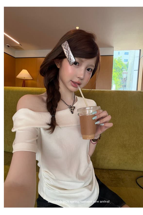 여름 새로운 단색 3 차원 비스듬한 어깨 반팔 티셔츠 오프숄더 슬림해 보이는 맨위 여성 이미지 6