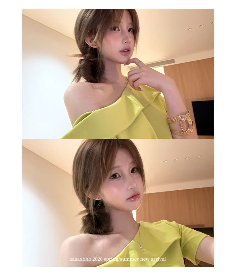 여름 새로운 단색 3 차원 비스듬한 어깨 반팔 티셔츠 오프숄더 슬림해 보이는 맨위 여성 상세 이미지 9