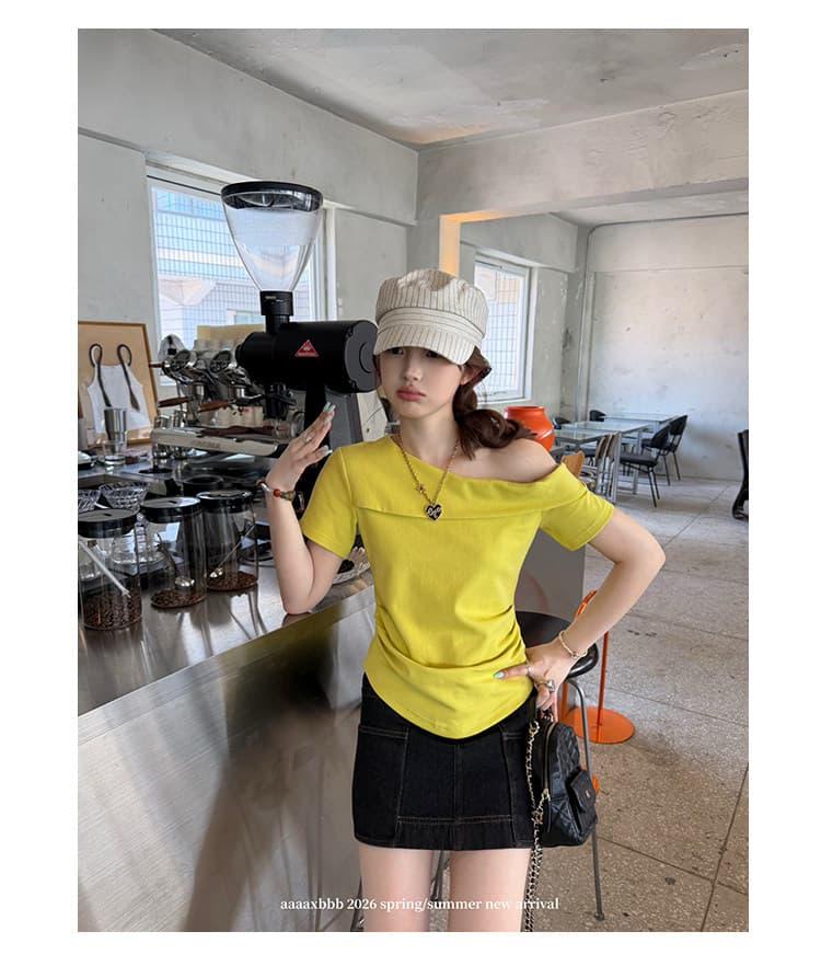 여름 새로운 단색 3 차원 비스듬한 어깨 반팔 티셔츠 오프숄더 슬림해 보이는 맨위 여성 상세 이미지 15
