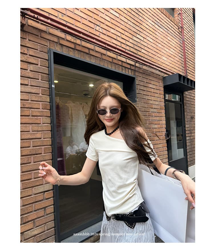 여름 새로운 단색 3 차원 비스듬한 어깨 반팔 티셔츠 오프숄더 슬림해 보이는 맨위 여성 상세 이미지 32