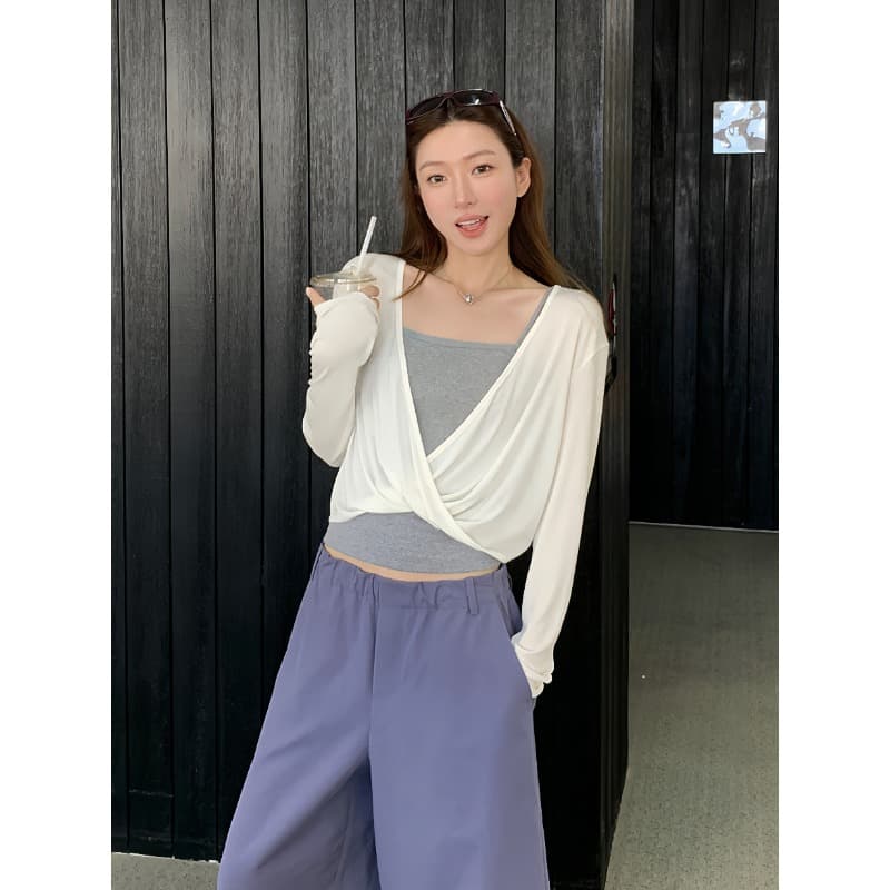 달콤한 차가운 느슨함 바람 흔들다 칼라 페이크 레이어드 긴팔 티셔츠 여성 의류 여름 2026 새로운 루즈핏 슬림해 보이는 불규칙 맨위 이미지 5