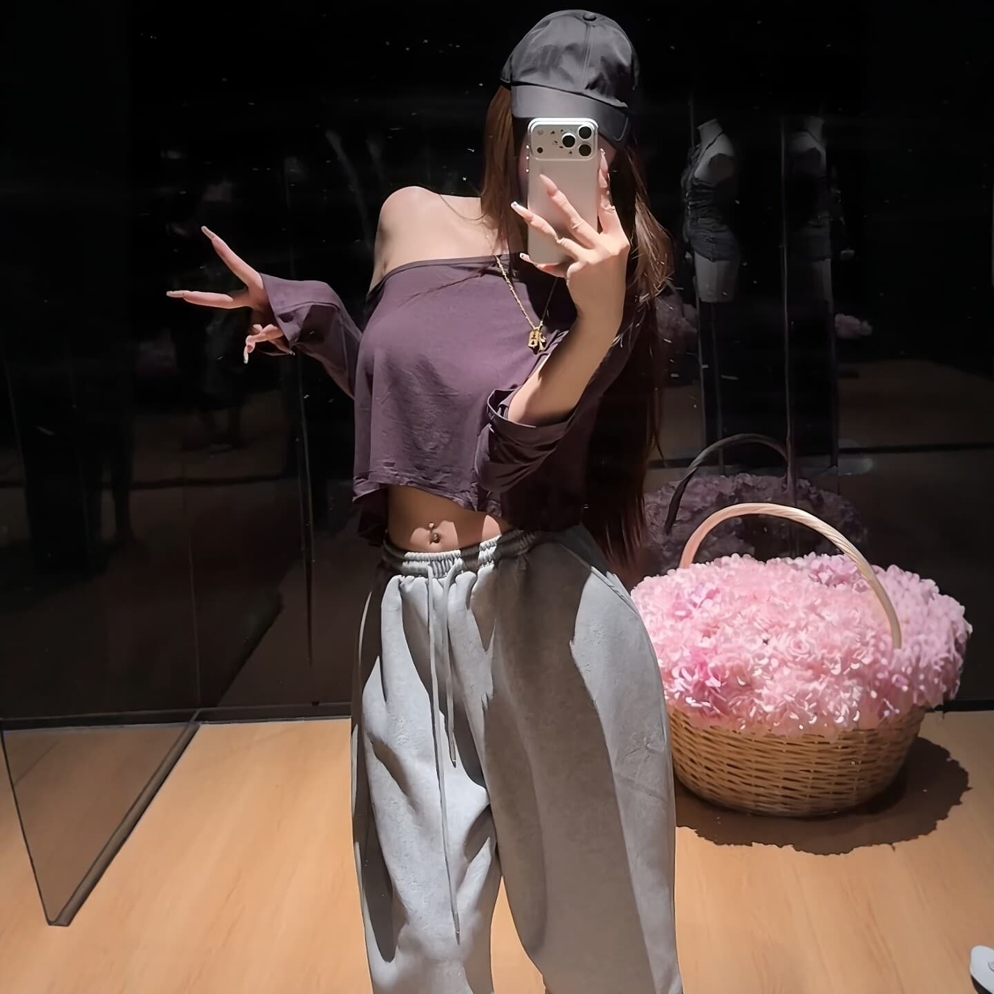 한 부서 느긋한 바람 보라색 비스듬한 어깨 긴팔 티셔츠 여성 여름 새로운 루즈핏 슬림해 보이는 품격 핫걸 쇼트 스타일 맨위 상세 이미지 1