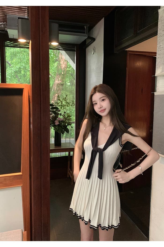 느슨함 한 부서 통기성 배색 숄 드레스 투피스 세트 여름 드레스 이미지 7