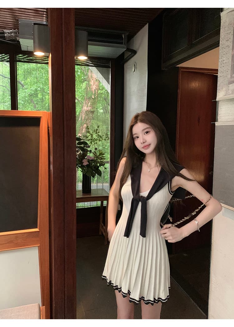 느슨함 한 부서 통기성 배색 숄 드레스 투피스 세트 여름 드레스 상세 이미지 1