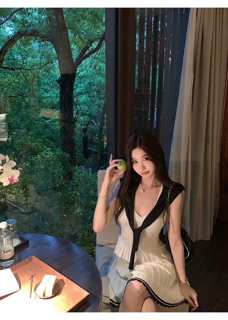 느슨함 한 부서 통기성 배색 숄 드레스 투피스 세트 여름 드레스 상세 이미지 2