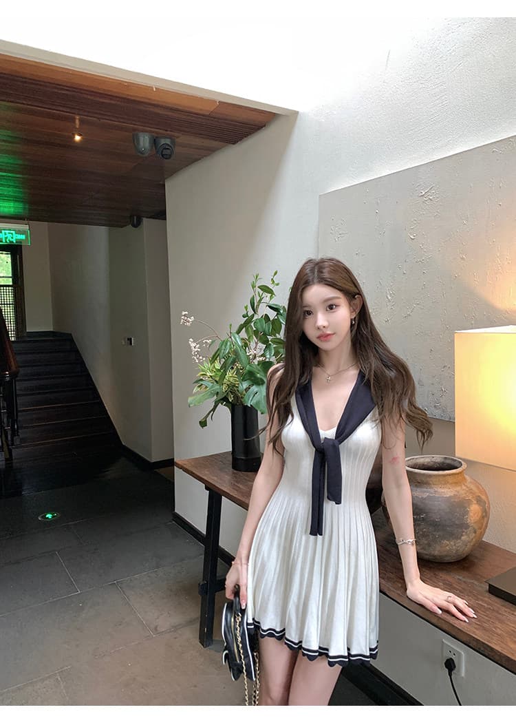 느슨함 한 부서 통기성 배색 숄 드레스 투피스 세트 여름 드레스 상세 이미지 6