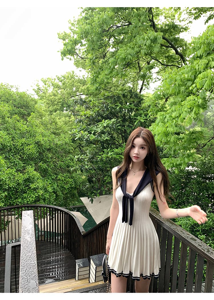 느슨함 한 부서 통기성 배색 숄 드레스 투피스 세트 여름 드레스 상세 이미지 10