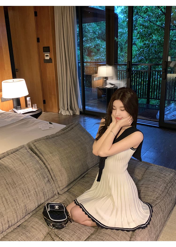 느슨함 한 부서 통기성 배색 숄 드레스 투피스 세트 여름 드레스 상세 이미지 11