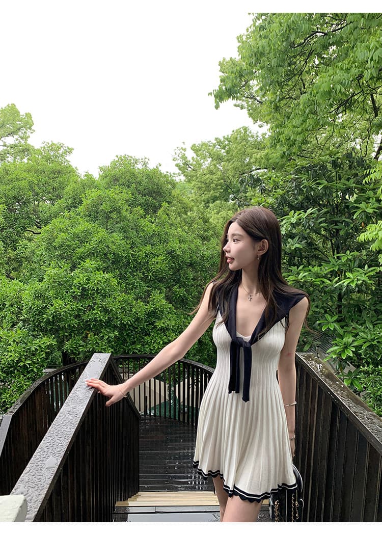 느슨함 한 부서 통기성 배색 숄 드레스 투피스 세트 여름 드레스 상세 이미지 14