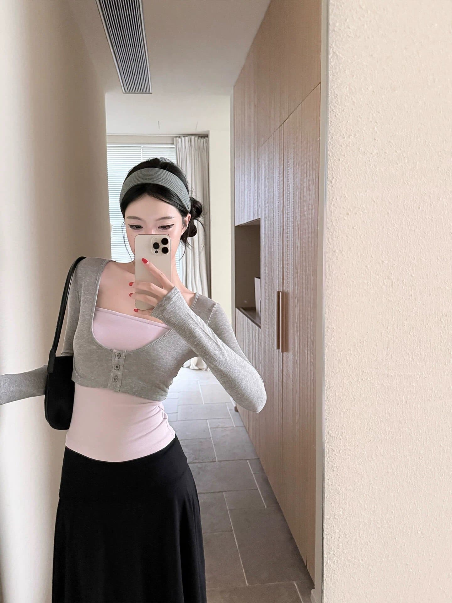 부드러운 배색 세 조각 여성 세트 몸매 가꾸기 긴팔 오픈 가디건 캐미솔 하이웨이스트 도루 센스 반신 중간 길이 스커트 다용도 상세 이미지 3