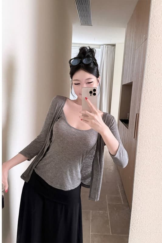 자외선 차단 긴팔 오픈 가디건 여성 여름 캐미솔 슬림해 보이는 투피스 세트 이미지 6