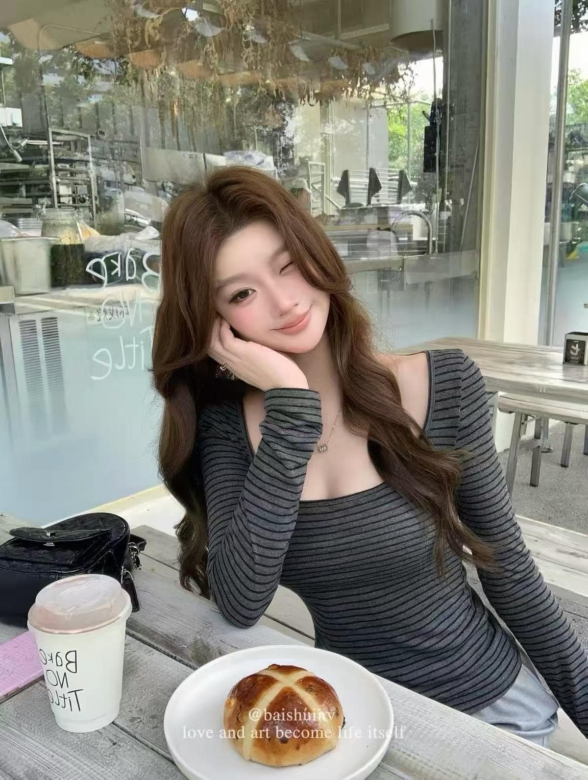 u 칼라 긴팔 티셔츠 여성 여름 한 부서 부드러운 허리 수축 슬림해 보이는 다용도 맨위 이미지 4