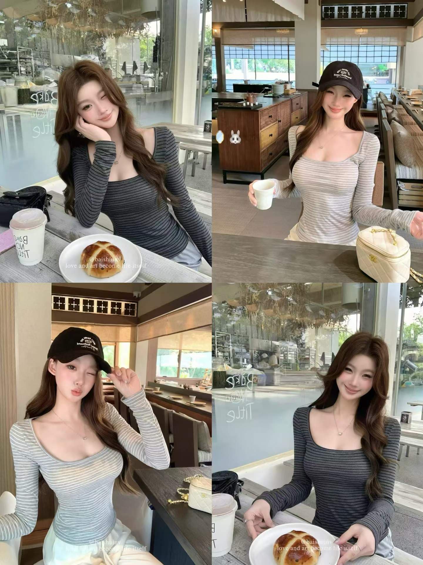 u 칼라 긴팔 티셔츠 여성 여름 한 부서 부드러운 허리 수축 슬림해 보이는 다용도 맨위 상세 이미지 1