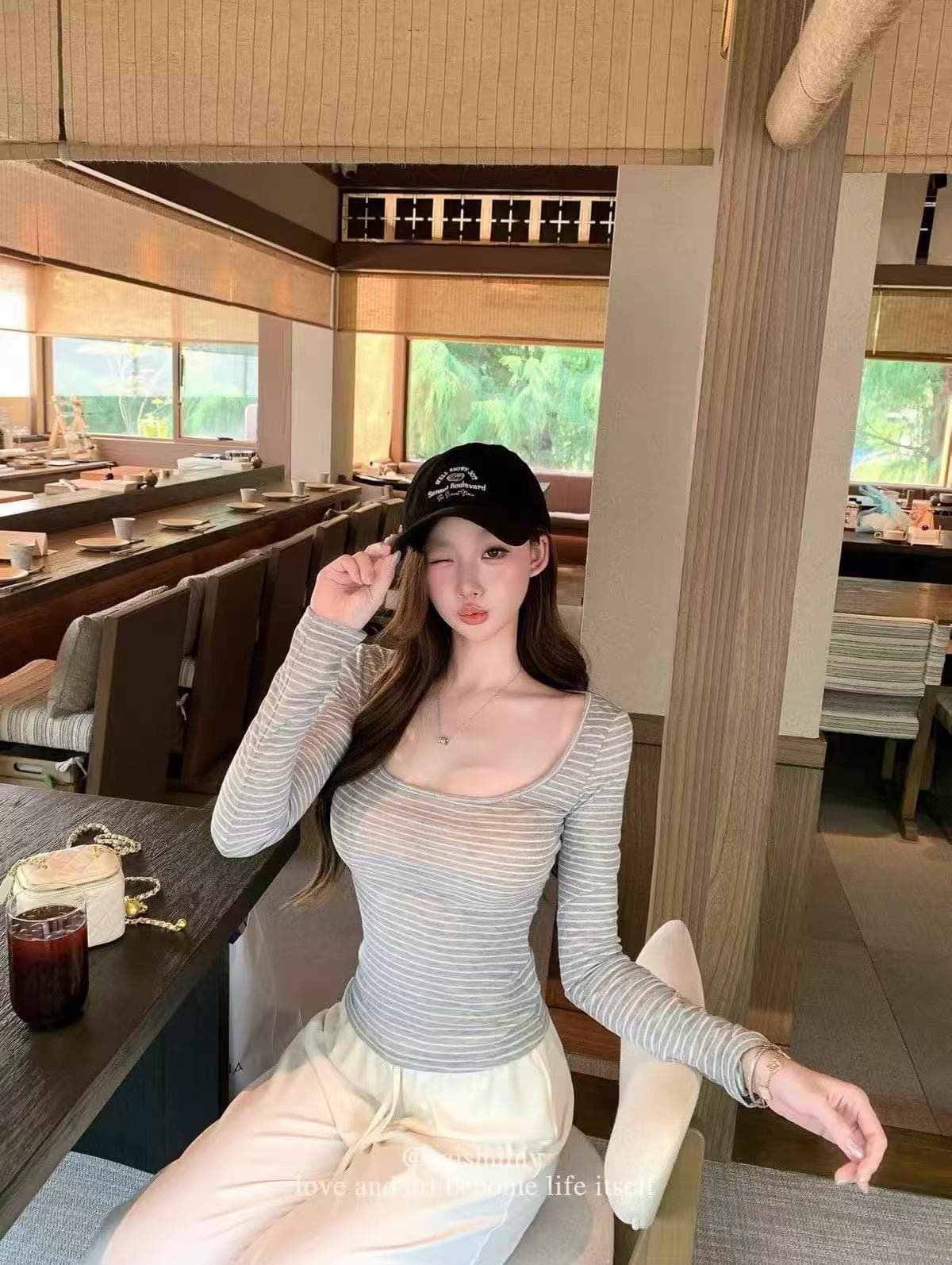 u 칼라 긴팔 티셔츠 여성 여름 한 부서 부드러운 허리 수축 슬림해 보이는 다용도 맨위 상세 이미지 10