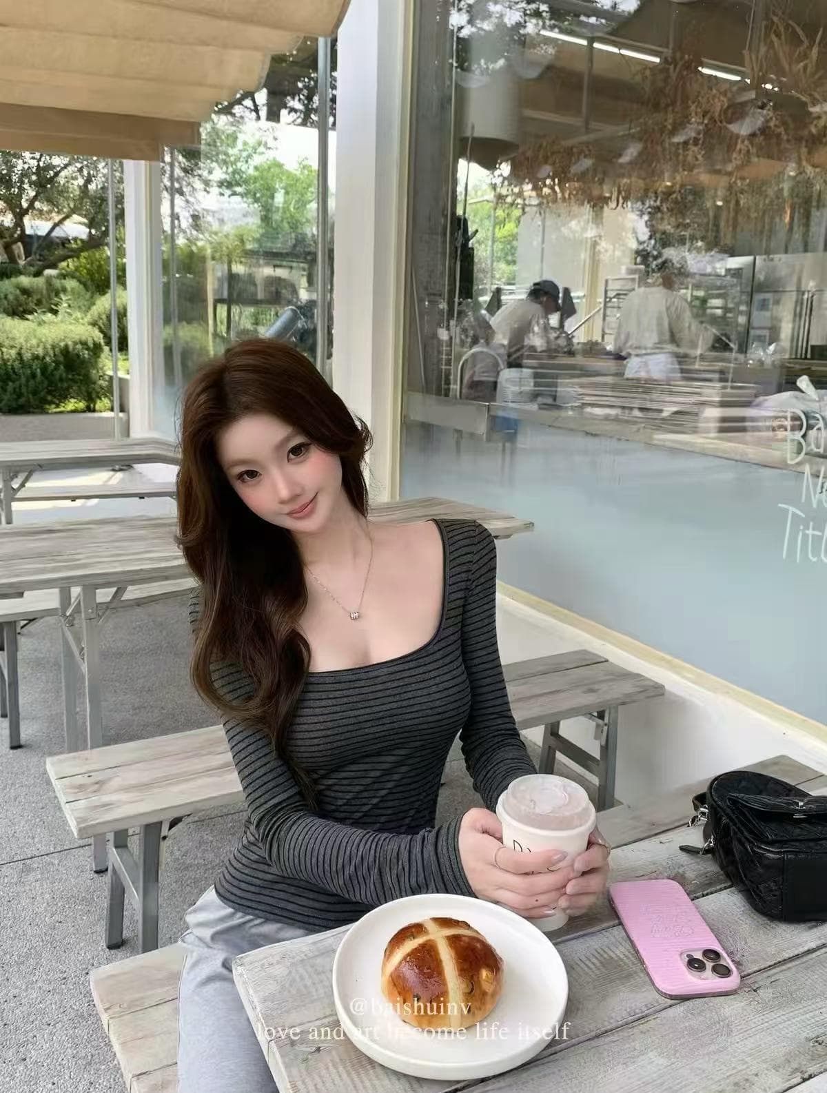 u 칼라 긴팔 티셔츠 여성 여름 한 부서 부드러운 허리 수축 슬림해 보이는 다용도 맨위 상세 이미지 15