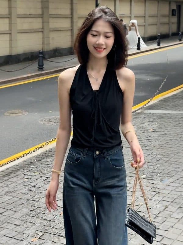 한 부서 스트라이프 V넥 레이스업 행침 목 조끼 여성 여름 새로운 외출용 백리스 몸매 가꾸기 슬림해 보이는 민소매 짧은 맨위 이미지 4