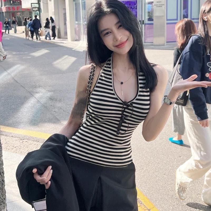 배색 백리스 행침 목 스트랩 스트라이프 조끼 여성 여름 새로운 아름다움 뒤로 외출용 허리 수축 슬림해 보이는 민소매 쇼트 스타일 맨위 이미지 3