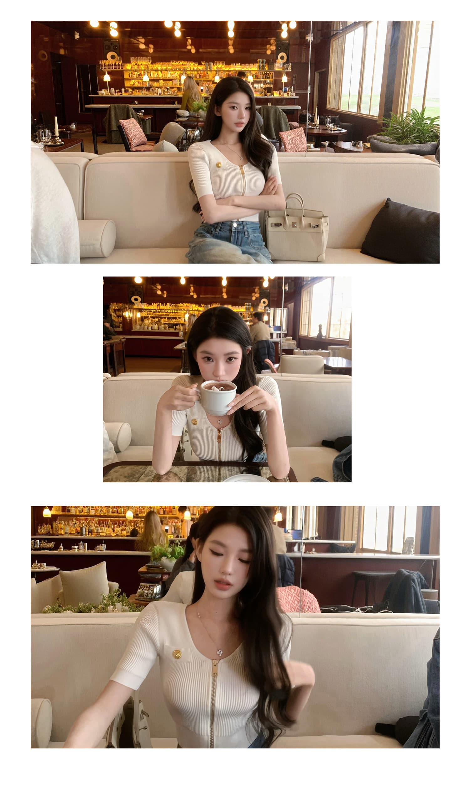 u 칼라 캐주얼 품격 반팔 맨위 단색 지퍼 니트 오픈 가디건 이미지 4