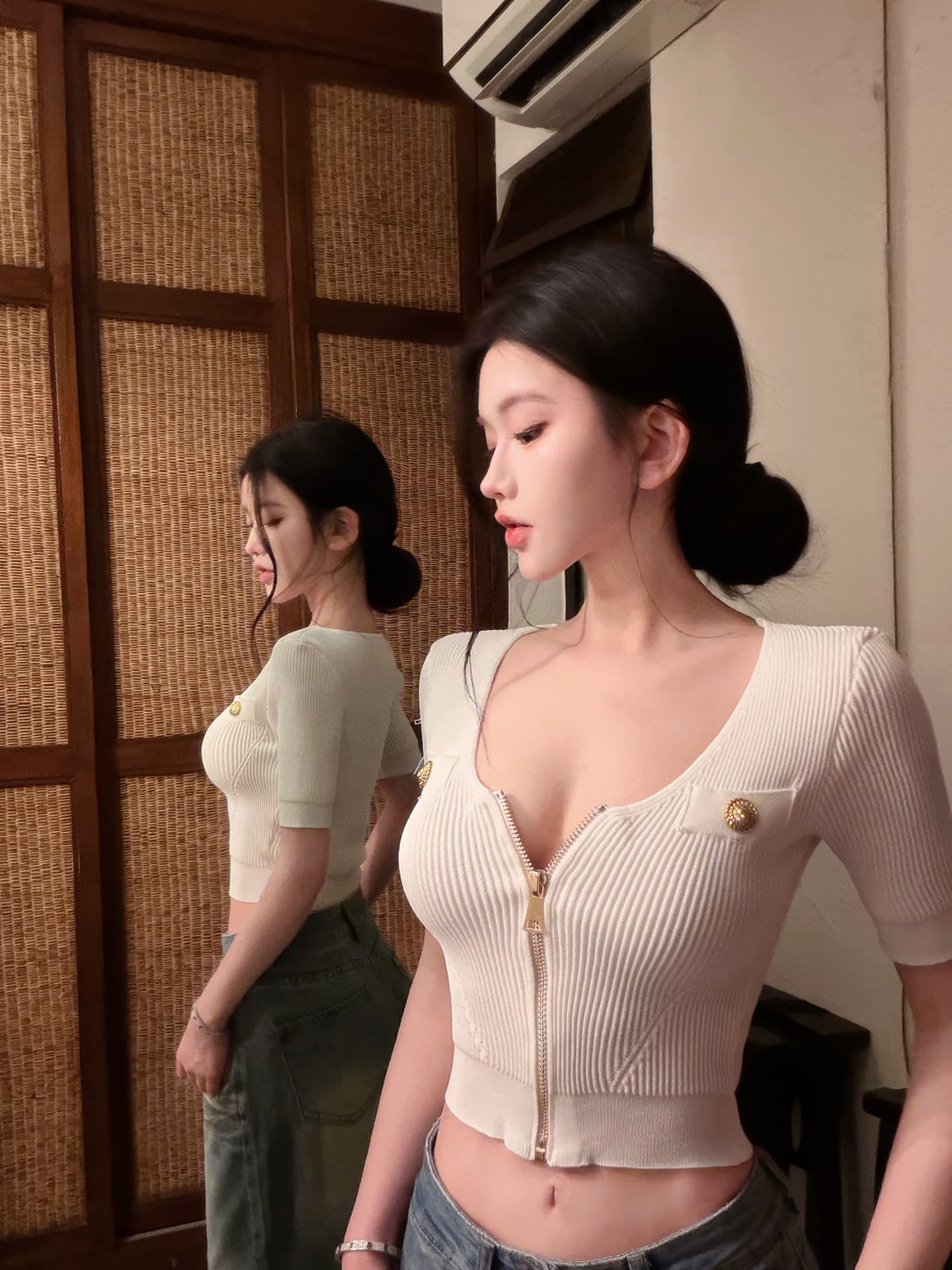 u 칼라 캐주얼 품격 반팔 맨위 단색 지퍼 니트 오픈 가디건