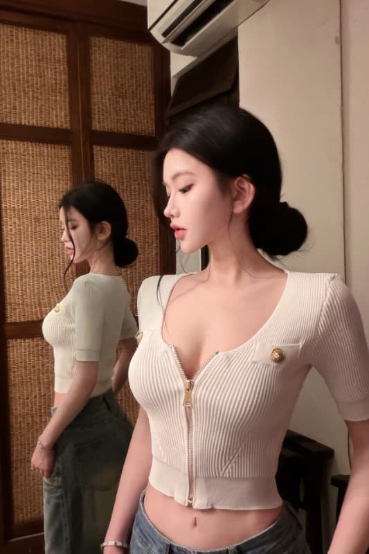 u 칼라 캐주얼 품격 반팔 맨위 단색 지퍼 니트 오픈 가디건 이미지 6