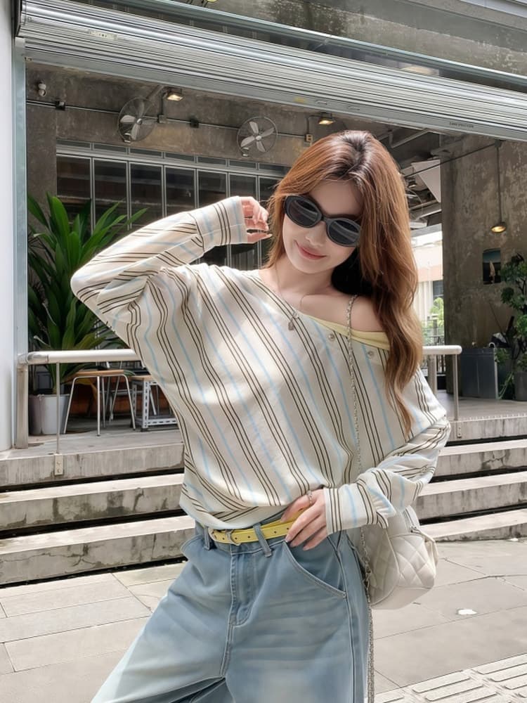 한 부서 비스듬한 어깨 배색 스트라이프 긴팔 자외선 차단 블라우스 여성 여름 새로운 루즈핏 작은 대중 슬림해 보이는 고급 t 맨위 이미지 4