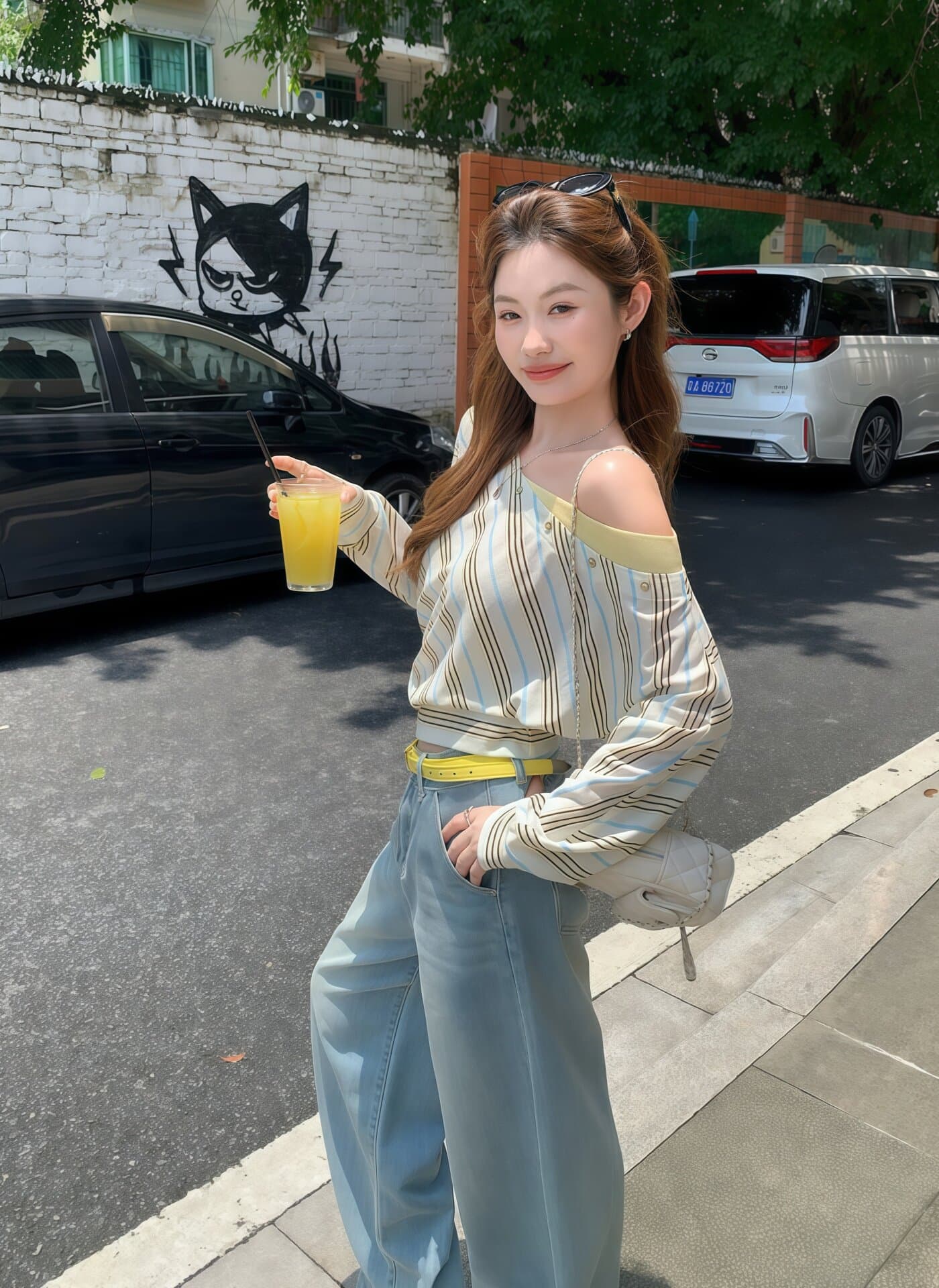 한 부서 비스듬한 어깨 배색 스트라이프 긴팔 자외선 차단 블라우스 여성 여름 새로운 루즈핏 작은 대중 슬림해 보이는 고급 t 맨위 상세 이미지 7