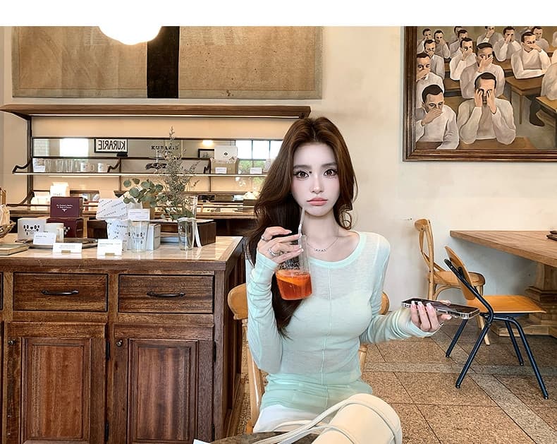캐주얼 바람 긴팔 만나는 티셔츠 여성 여름 느긋한 다용도 얇은 스타일 맨위 상세 이미지 1