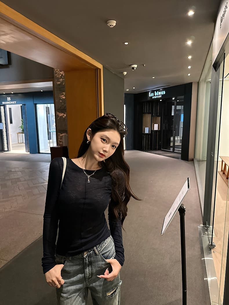 캐주얼 바람 긴팔 만나는 티셔츠 여성 여름 느긋한 다용도 얇은 스타일 맨위 상세 이미지 11