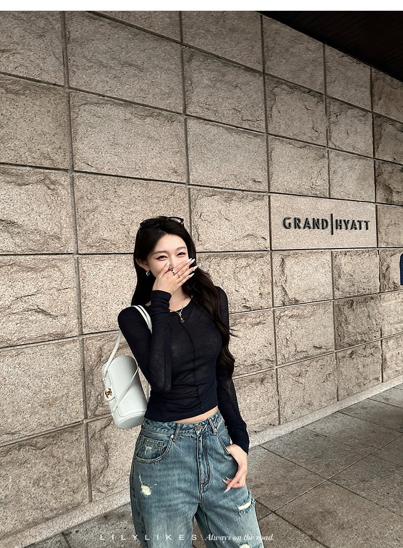 캐주얼 바람 긴팔 만나는 티셔츠 여성 여름 느긋한 다용도 얇은 스타일 맨위 상세 이미지 25