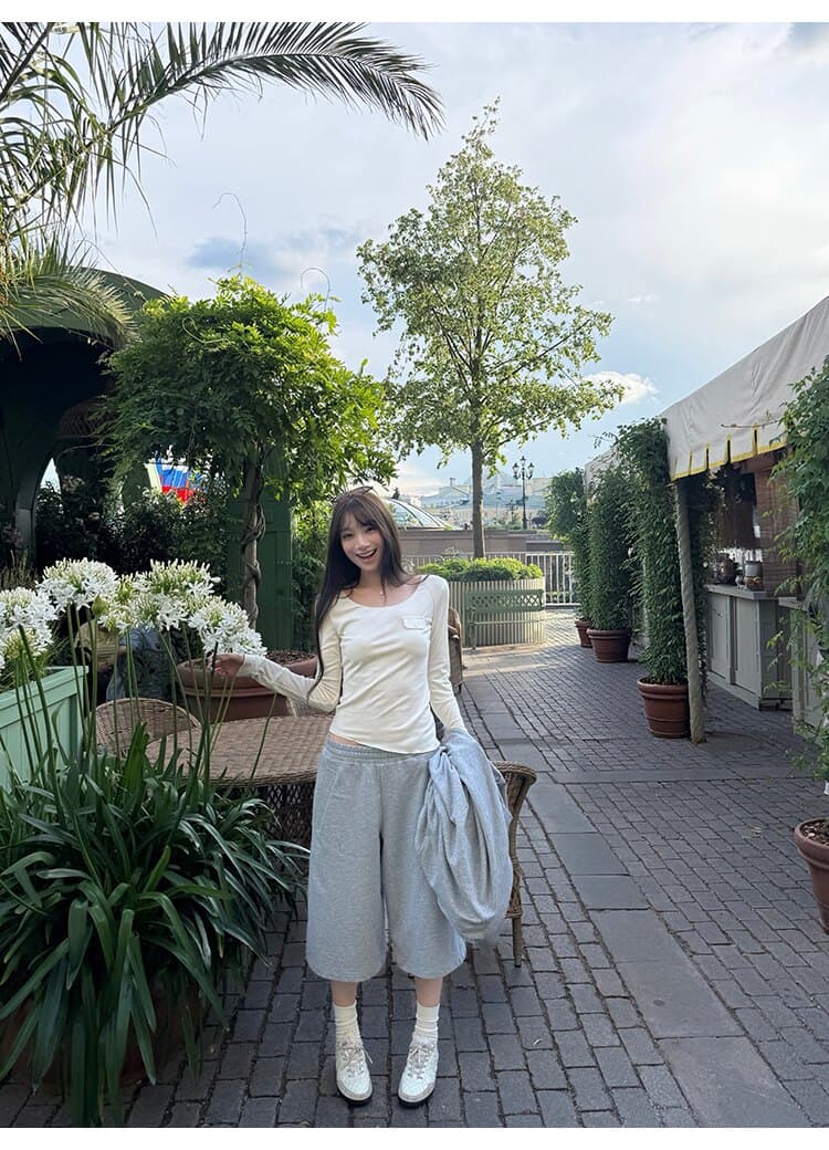 작은 예쁜 허리 주머니 tee 마이크로 볼륨 측면 u 칼라 몸매 가꾸기 티셔츠 여성 상세 이미지 34