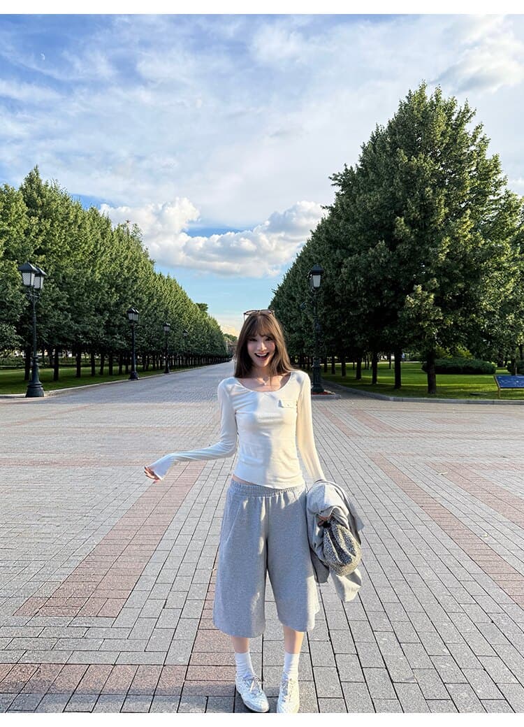 작은 예쁜 허리 주머니 tee 마이크로 볼륨 측면 u 칼라 몸매 가꾸기 티셔츠 여성 상세 이미지 35