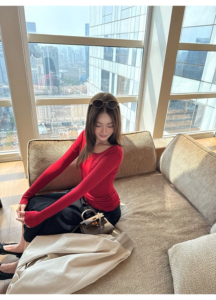 작은 예쁜 허리 주머니 tee 마이크로 볼륨 측면 u 칼라 몸매 가꾸기 티셔츠 여성 상세 이미지 36