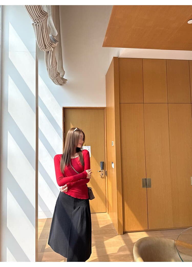작은 예쁜 허리 주머니 tee 마이크로 볼륨 측면 u 칼라 몸매 가꾸기 티셔츠 여성 상세 이미지 37