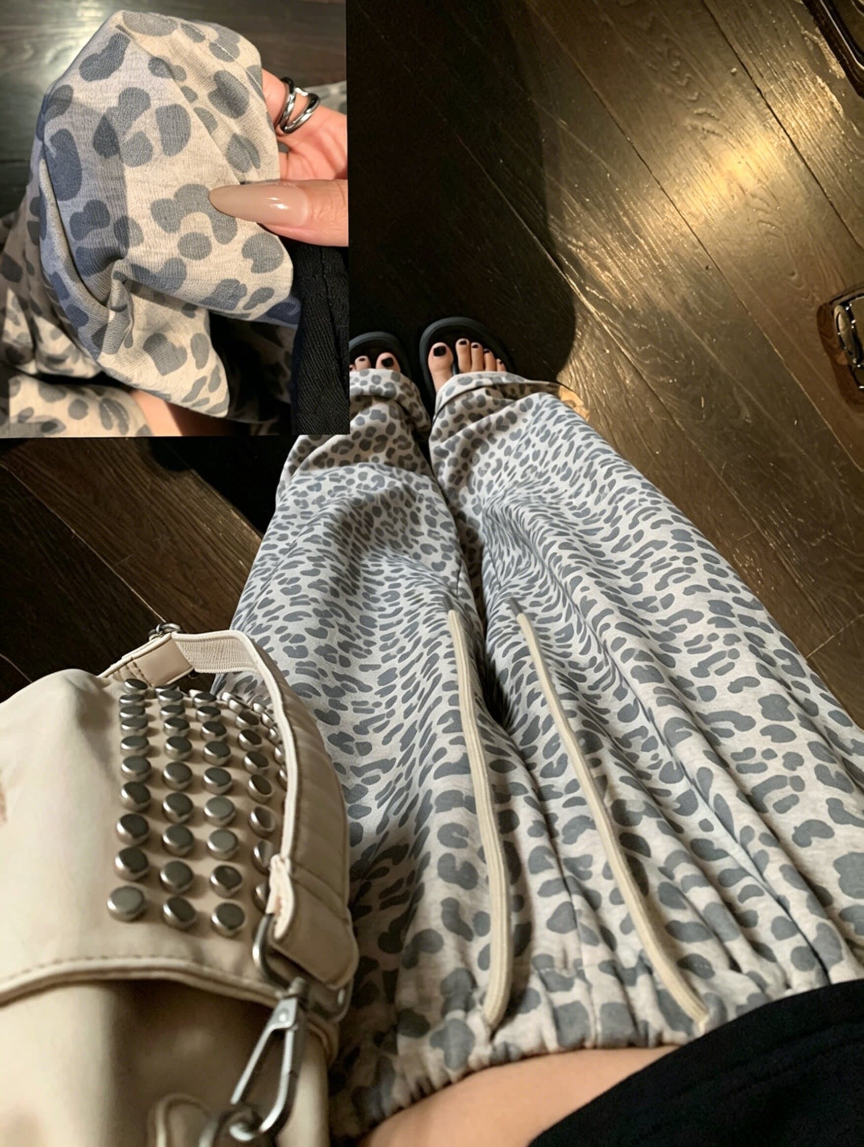 한 부서 순수한 욕망 비스듬한 어깨 긴팔 안개 센스 프린트 캐주얼 루즈핏 넓은 다리 길이 바지 상세 이미지 3