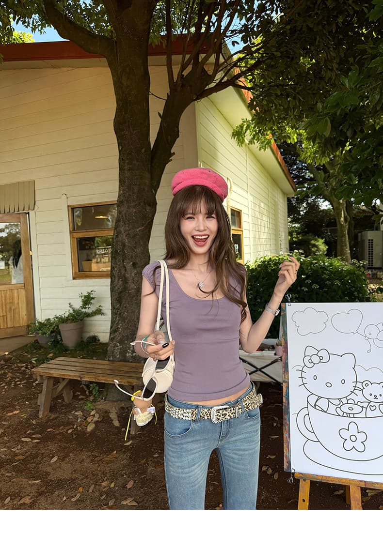 레트로 핫걸 광장 칼라 작은 거품 소매 티셔츠 여성 몸매 가꾸기 슬림해 보이는 만나는 외출용 맨위 여름 상세 이미지 1