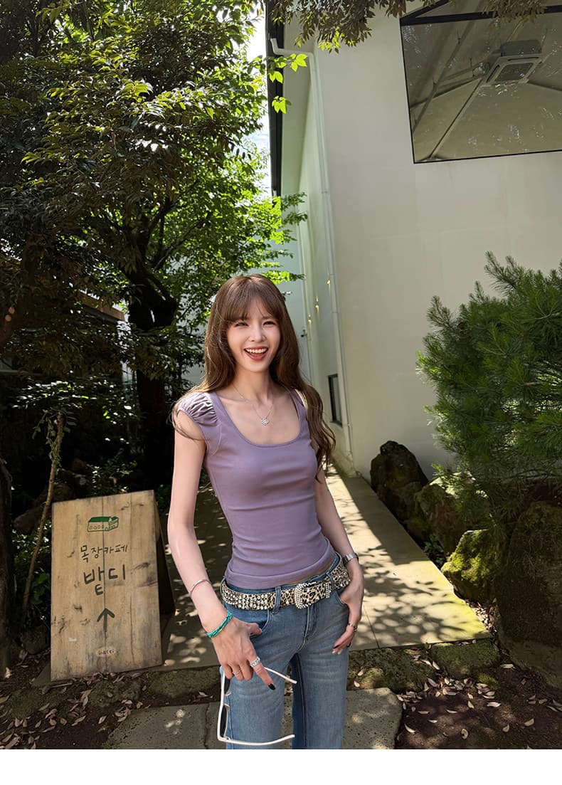 레트로 핫걸 광장 칼라 작은 거품 소매 티셔츠 여성 몸매 가꾸기 슬림해 보이는 만나는 외출용 맨위 여름 상세 이미지 3
