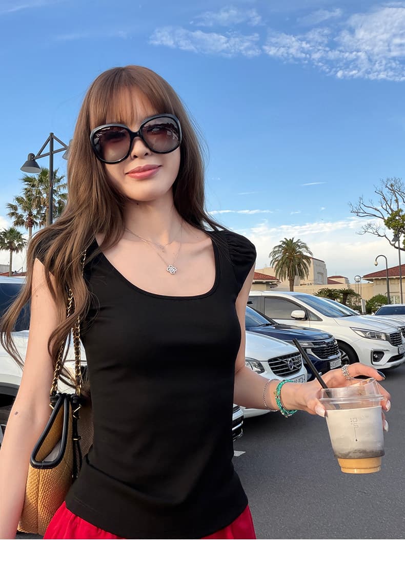 레트로 핫걸 광장 칼라 작은 거품 소매 티셔츠 여성 몸매 가꾸기 슬림해 보이는 만나는 외출용 맨위 여름 상세 이미지 6