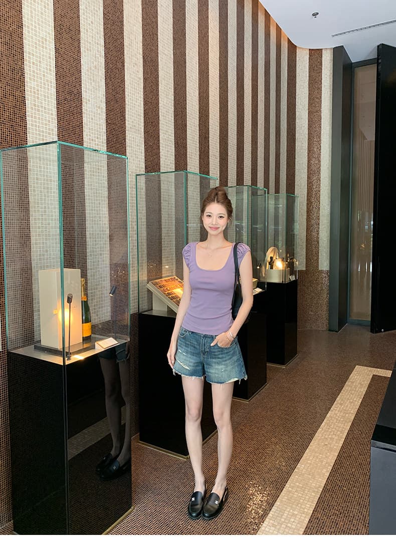 레트로 핫걸 광장 칼라 작은 거품 소매 티셔츠 여성 몸매 가꾸기 슬림해 보이는 만나는 외출용 맨위 여름 상세 이미지 13