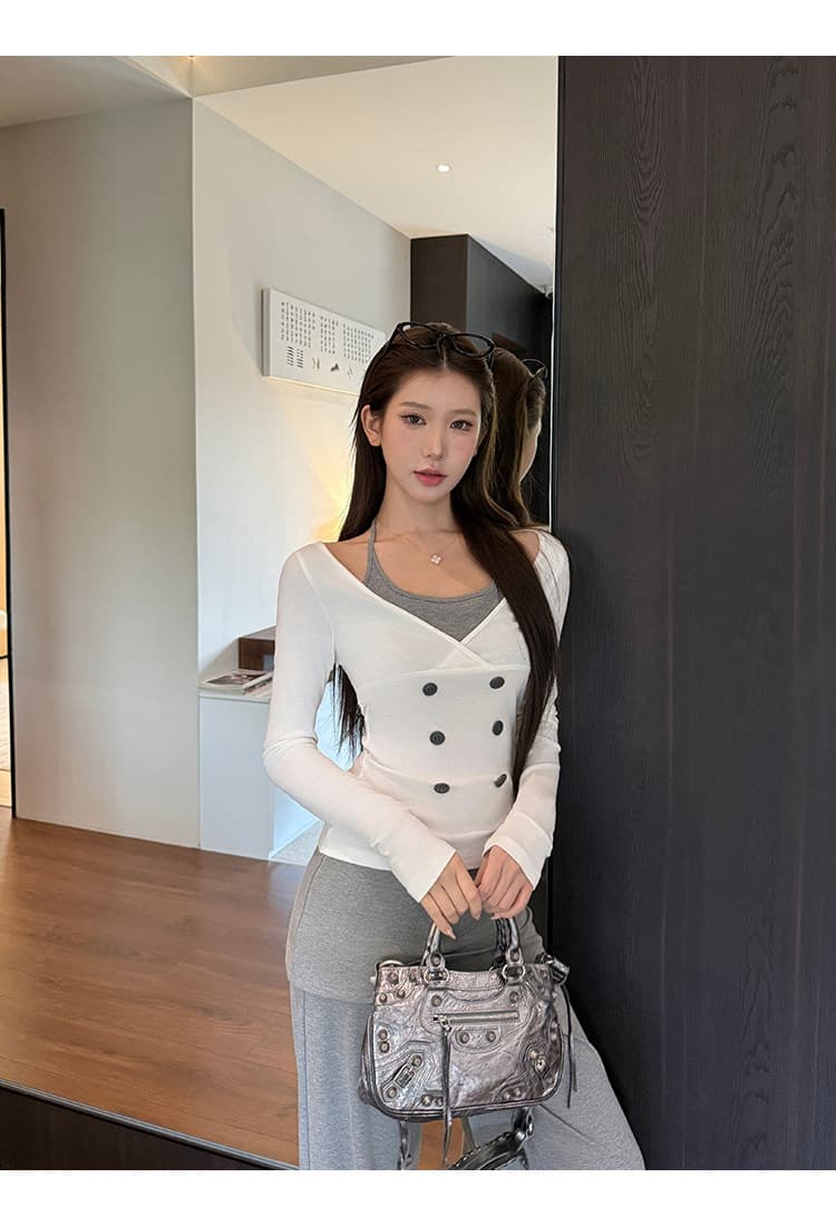 레드 맨 큐레이터 소매 티셔츠 여성 2026 새로운 페이크 레이어드 품격 몸매 가꾸기 고급 센스 chic Chic 화이트 맨위 상세 이미지 13